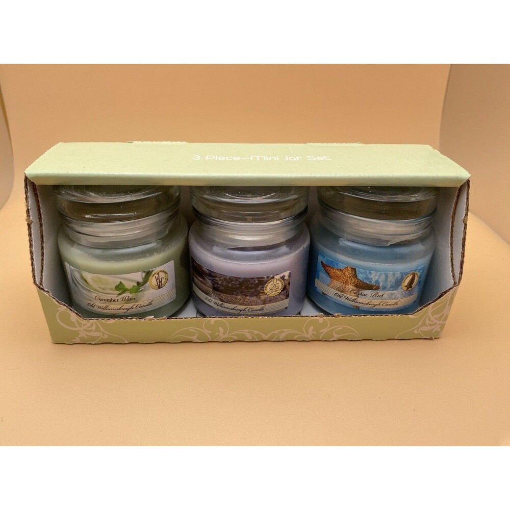 Old Williamsburgh Candle 3 Mini Jar Set Cucumber Water Lavender Paradise Reef